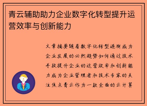 青云辅助助力企业数字化转型提升运营效率与创新能力